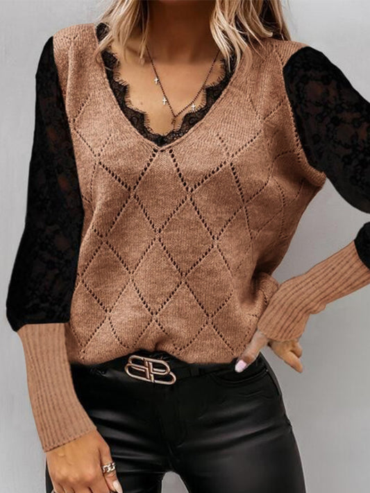 Lace Decor V Neck Two Tone Sweater - The Boutie Shop