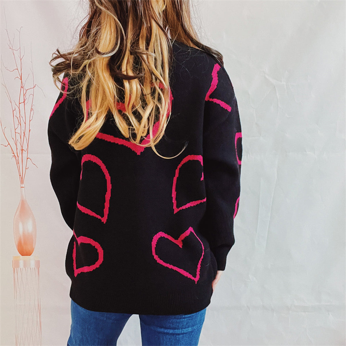 Heart Pattern Long Sleeve Sweater - The Boutie Shop