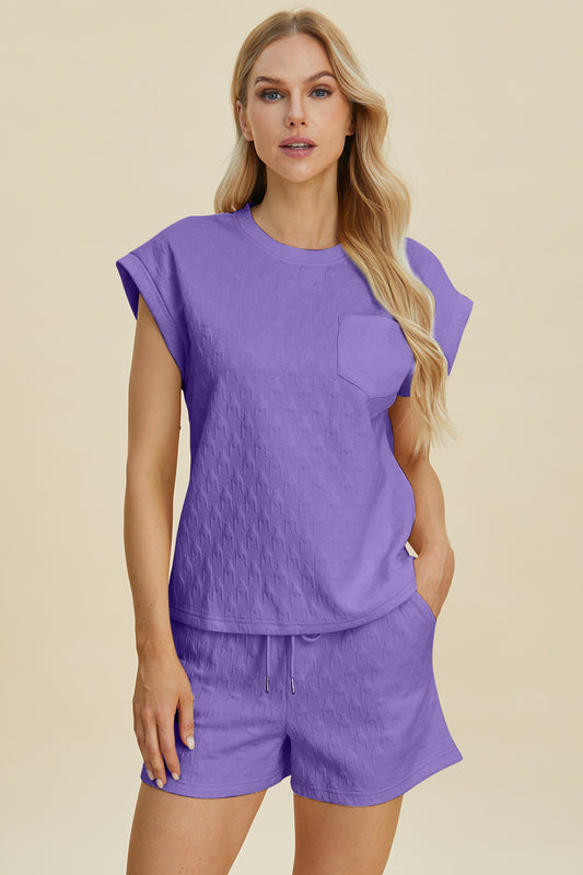 Double Take Full Size Pocketed Texture Round Neck Top and Shorts Set - The Boutie Shop