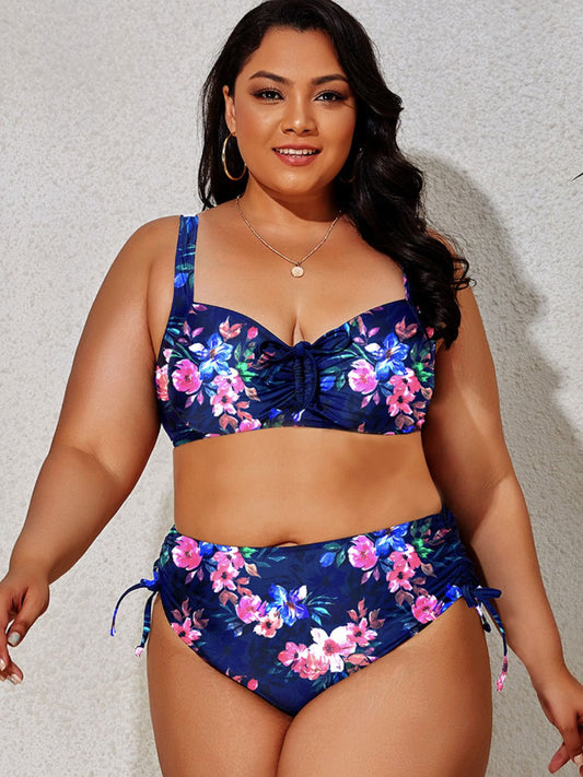 Plus Size Printed Drawstring Detail Bikini Set - The Boutie Shop