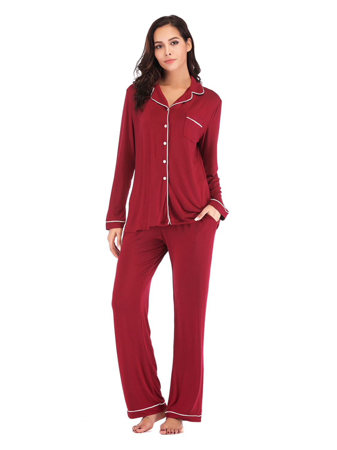 Collared Neck Long Sleeve Loungewear Set with Pockets - The Boutie Shop