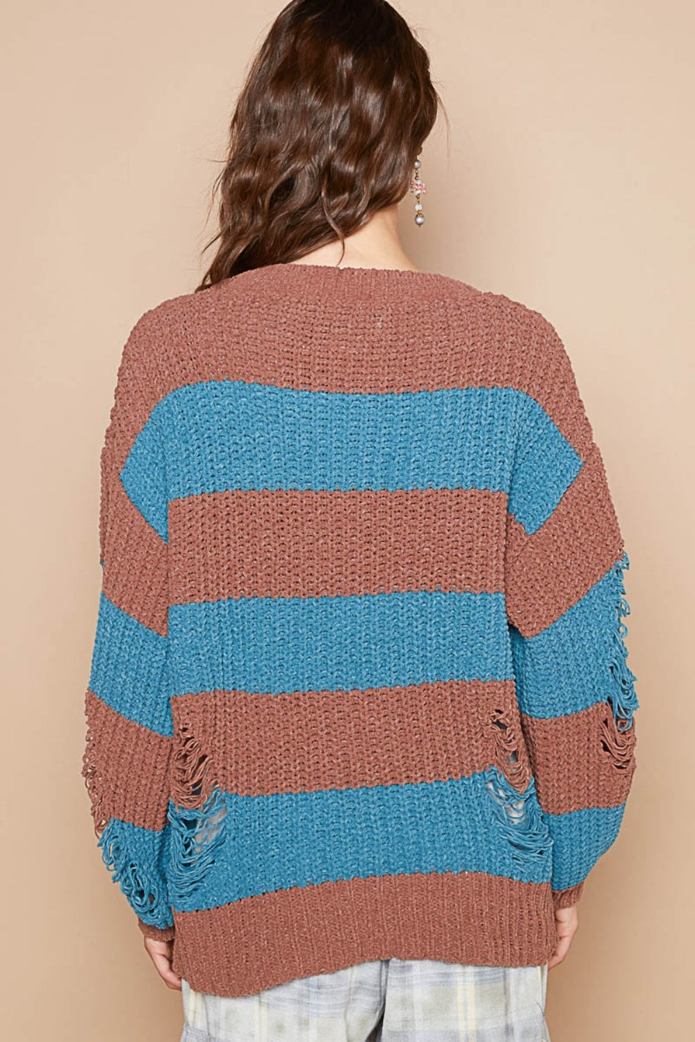 POL Striped Distressed Long Sleeve Sweater - The Boutie Shop