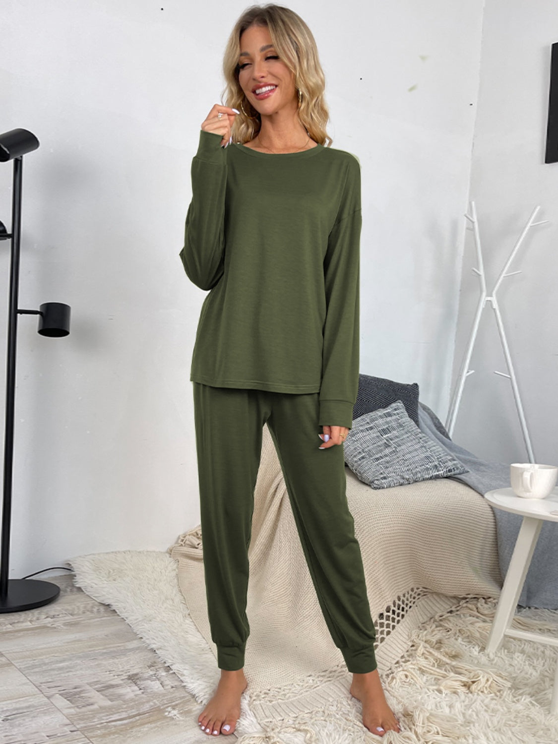 Shiny Round Neck Top and Drawstring Pants Lounge Set - The Boutie Shop