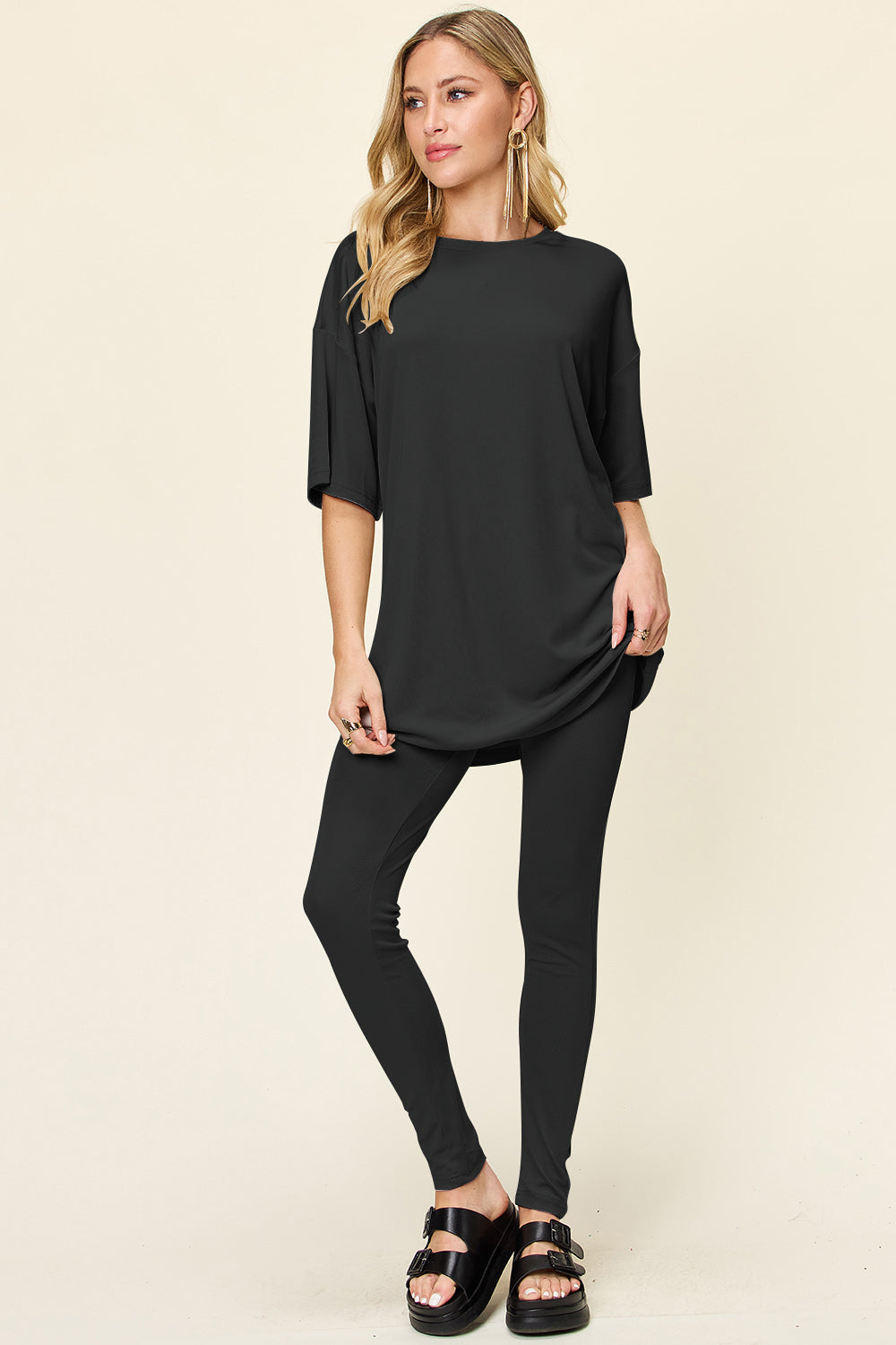 Double Take Full Size Round Neck Dropped Shoulder T-Shirt and Leggings Set - The Boutie Shop