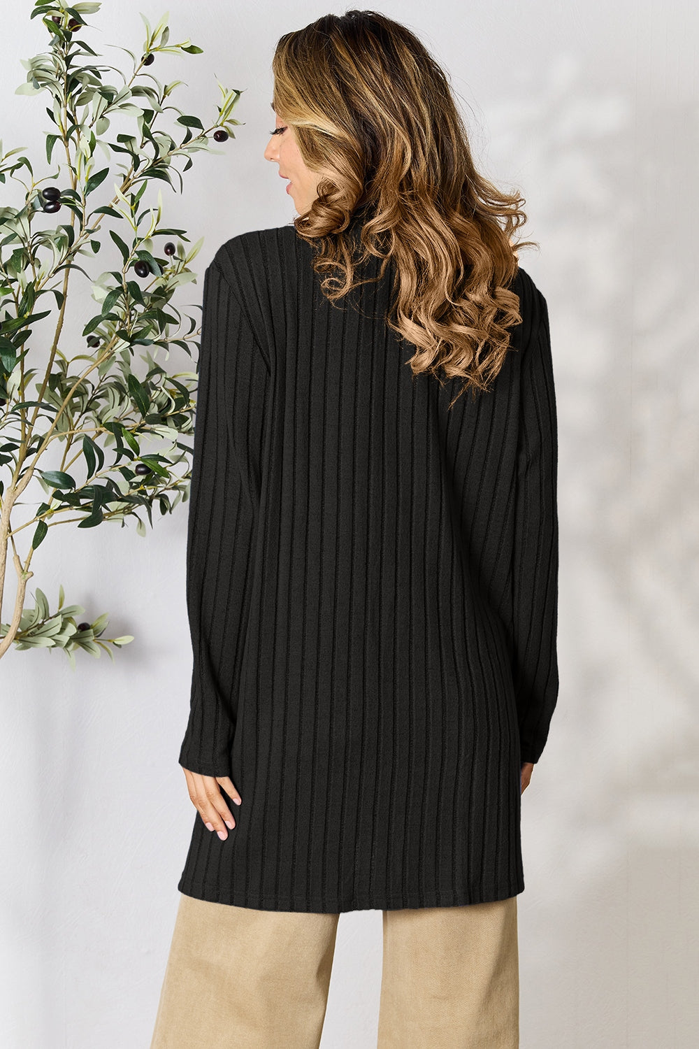 Basic Bae Full Size Ribbed Open Front Cardigan with Pockets - The Boutie Shop