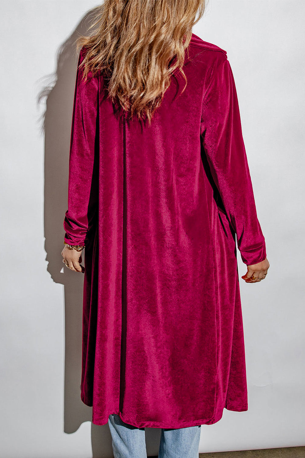 Collared Neck Longline Velvet Cardigan with Pockets - The Boutie Shop