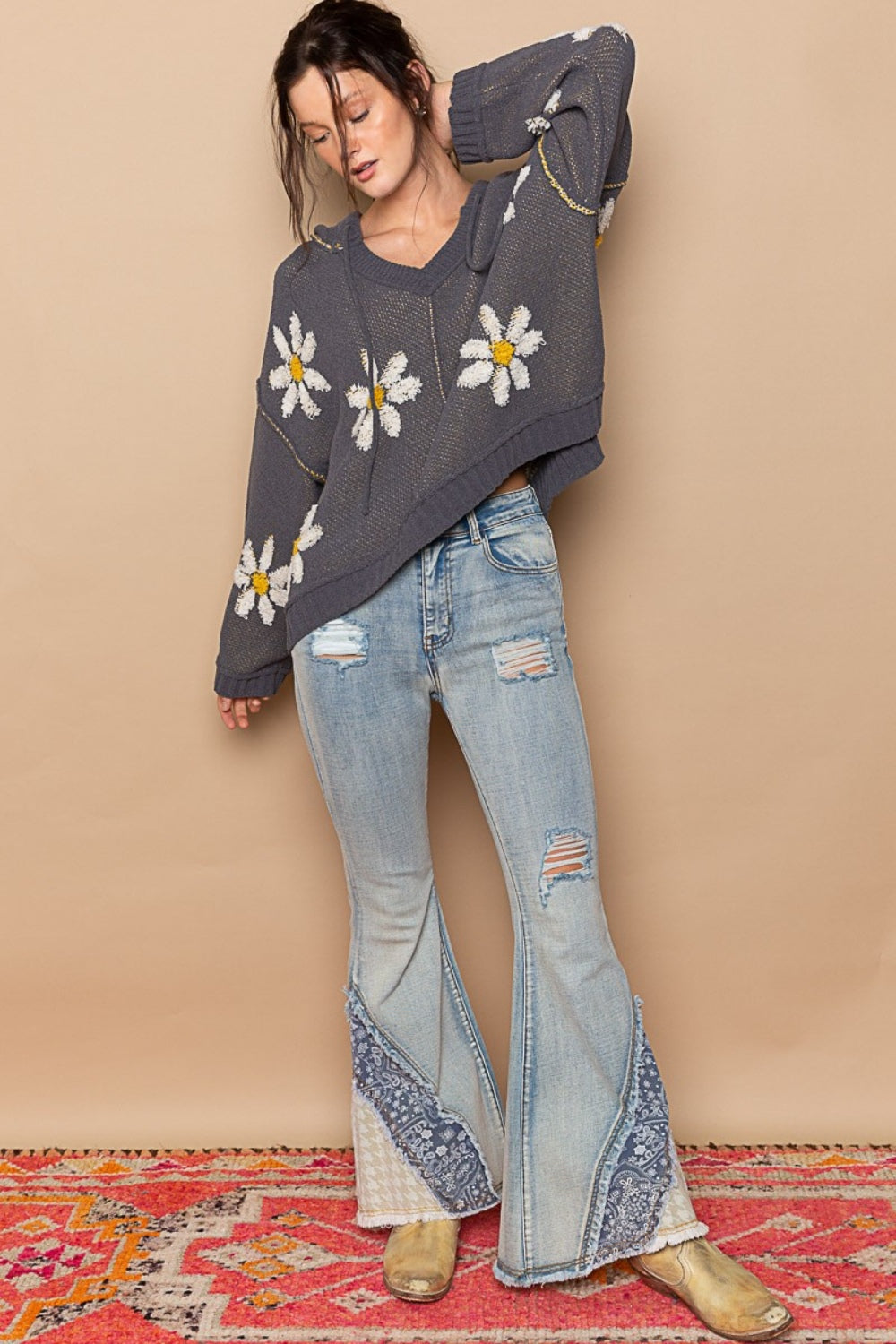 POL Floral Pattern Hooded High-Low Sweater - The Boutie Shop