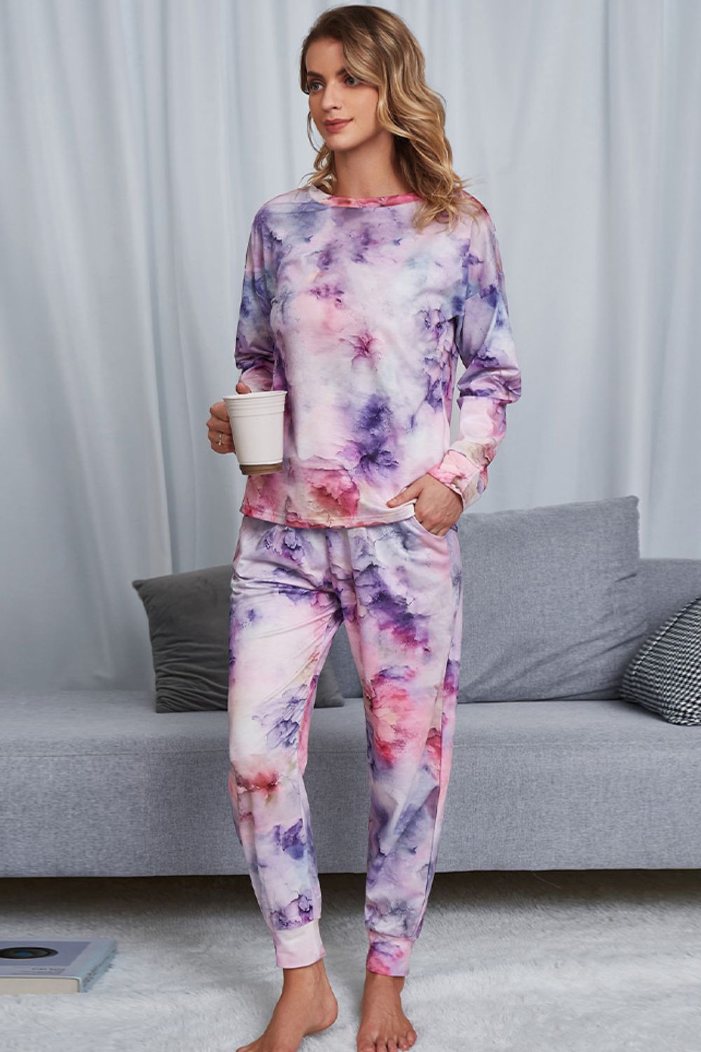 Shiny Tie-Dye Crewneck Top and Drawstring Waist Joggers Lounge Set - The Boutie Shop