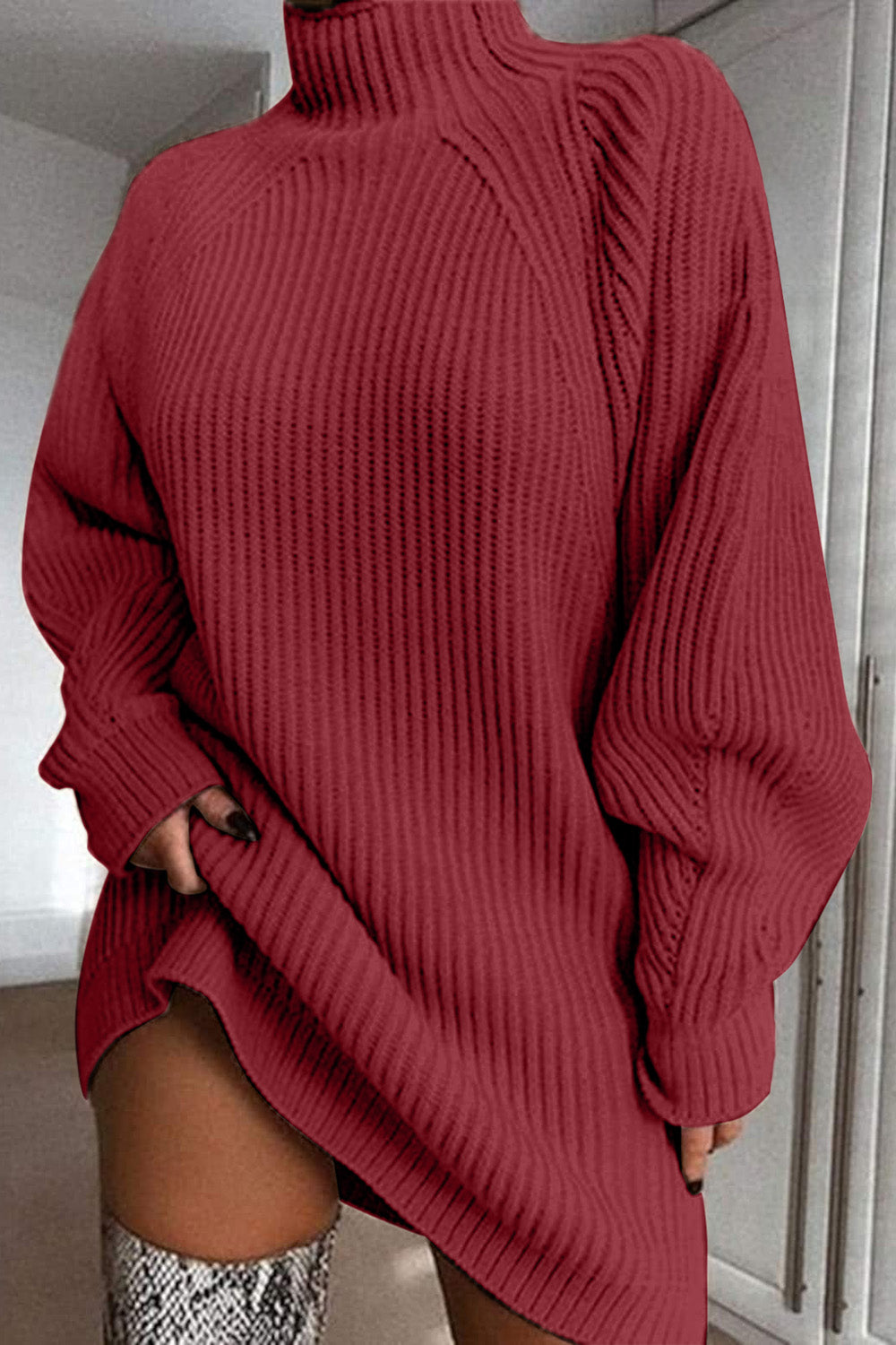 Mock Neck Dropped Shoulder Sweater Dress - The Boutie Shop