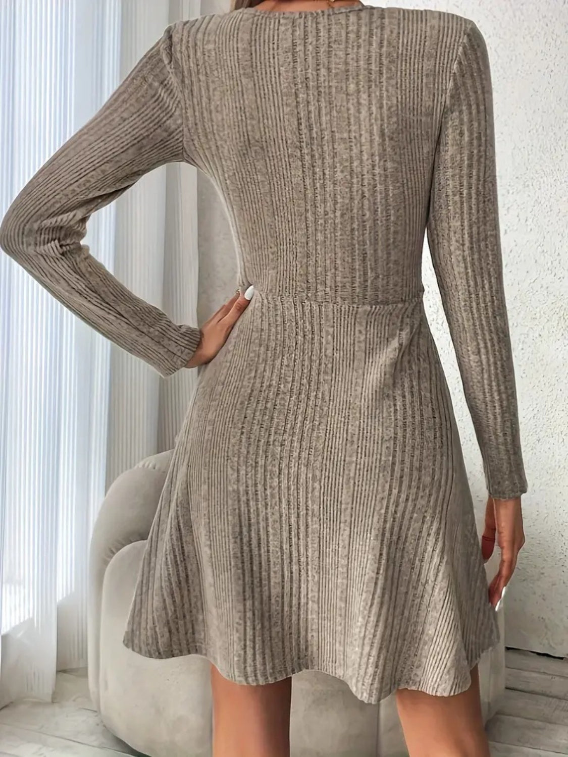 Ribbed Scoop Neck Long Sleeve Sweater Dress - The Boutie Shop