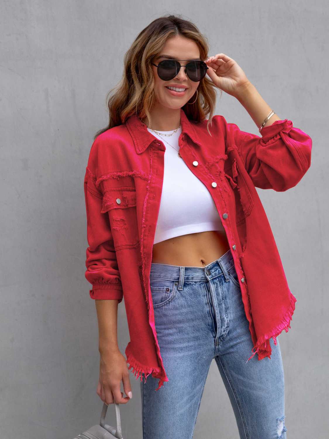 Distressed Drop Shoulder Denim Jacket - The Boutie Shop