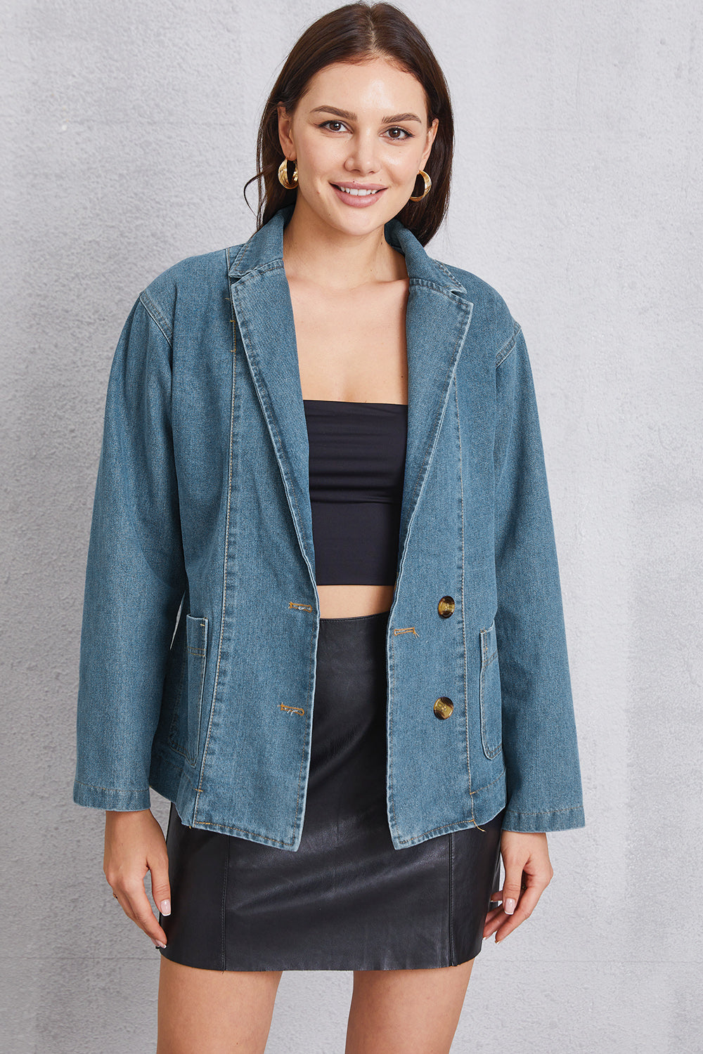 Pocketed Button Up Denim Jacket - The Boutie Shop