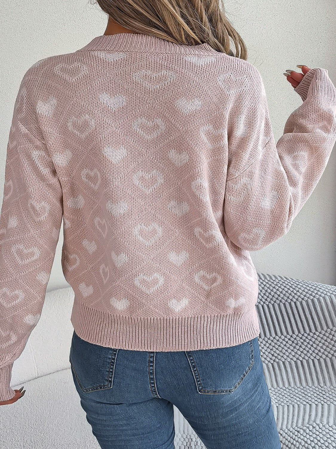 Heart Pattern V-Neck Long Sleeve Sweater - The Boutie Shop