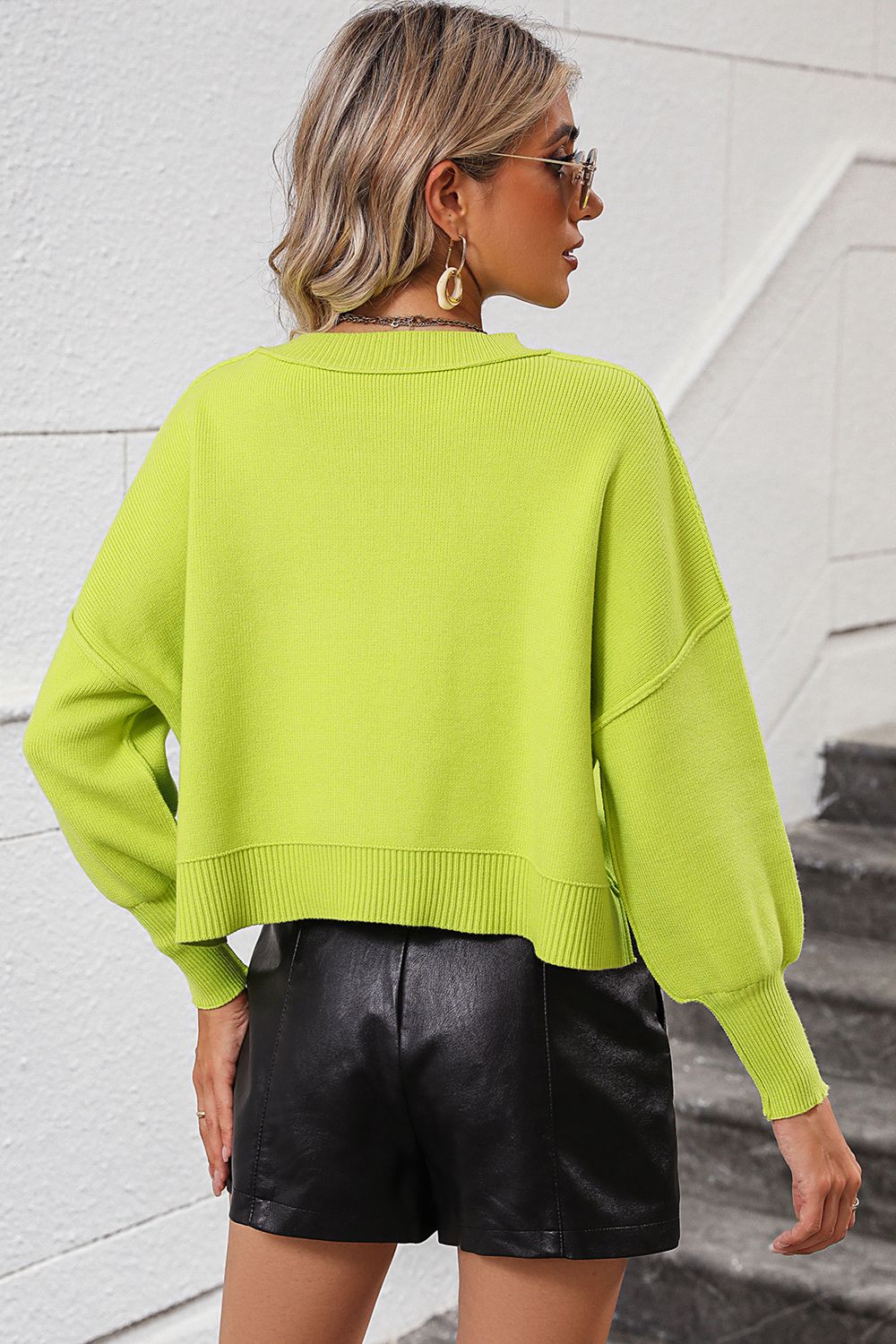 Round Neck Dropped Shoulder Pullover Sweater - The Boutie Shop