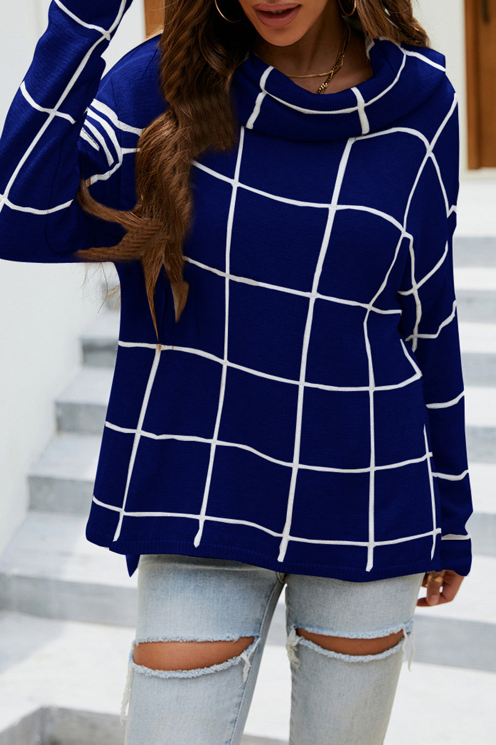 Angel Wings Plaid Turtleneck Drop Shoulder Sweater - The Boutie Shop