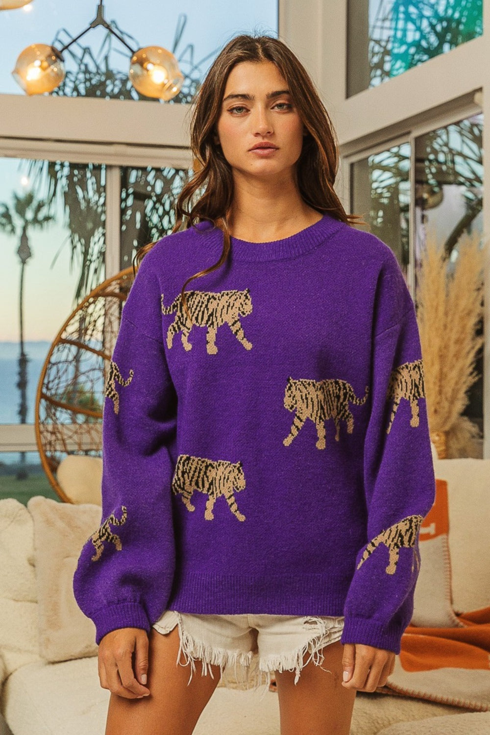 BiBi Tiger Pattern Long Sleeve Sweater - The Boutie Shop