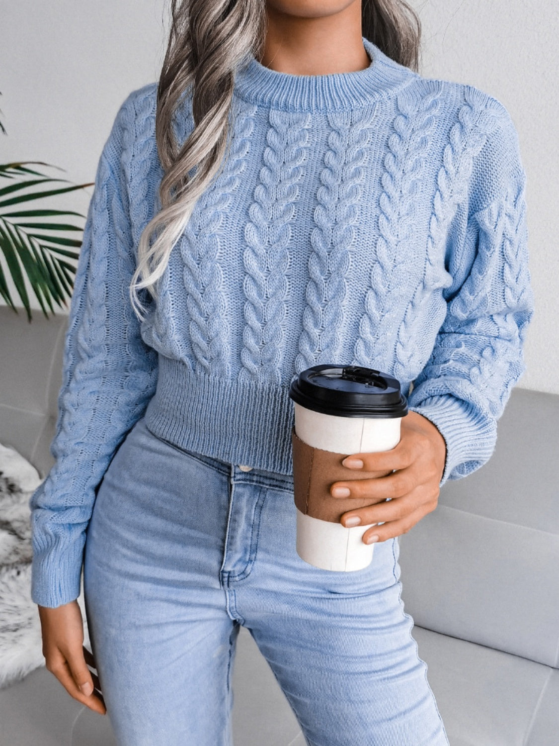 Cable-Knit Round Neck Sweater - The Boutie Shop