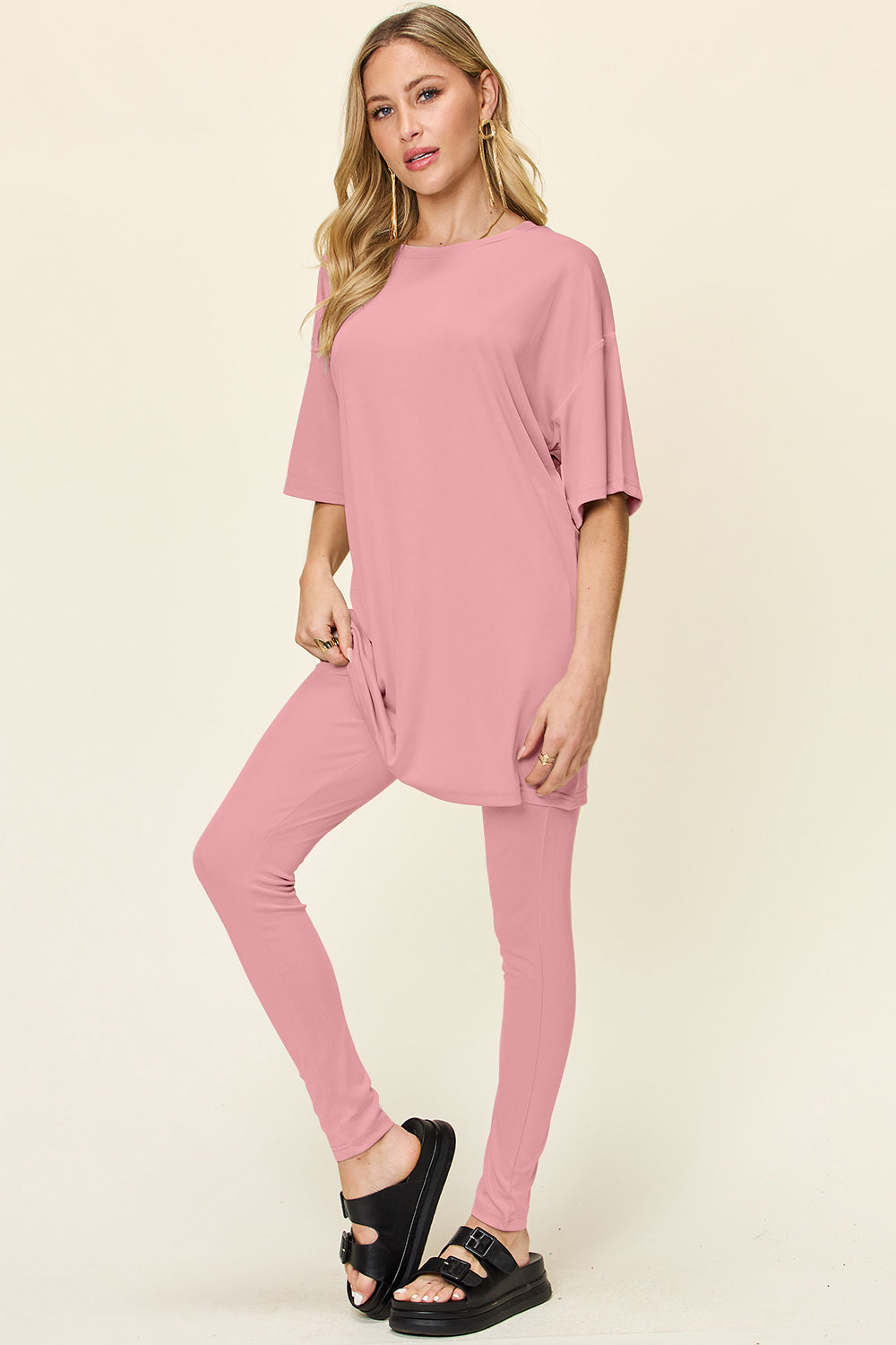 Double Take Full Size Round Neck Dropped Shoulder T-Shirt and Leggings Set - The Boutie Shop