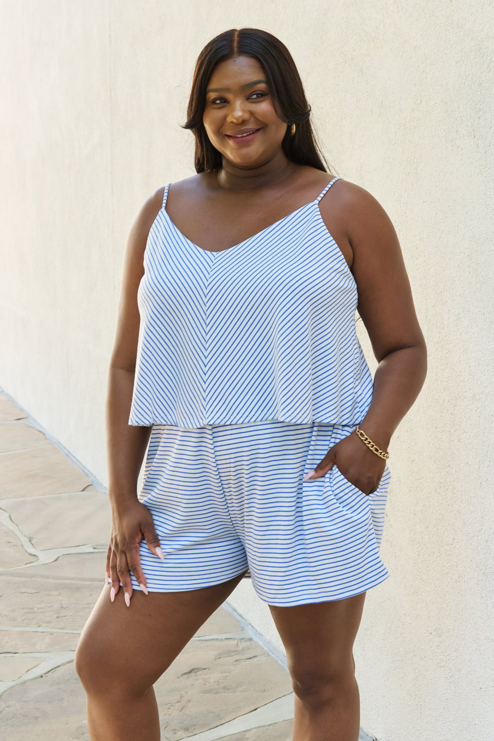 Culture Code Let It Happen Full Size Double Flare Striped Romper in Cobalt Blue - The Boutie Shop