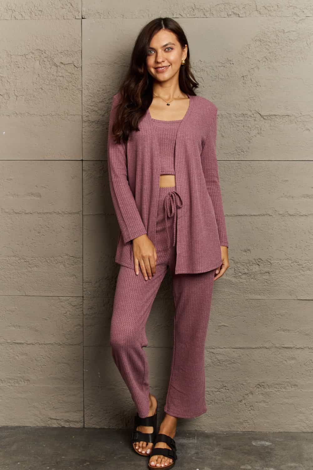 Ninexis Full Size Cropped Top, Long Pants and Cardigan Lounge Set - The Boutie Shop