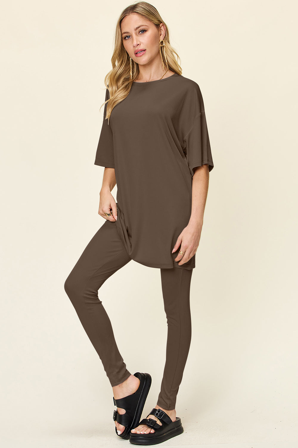 Double Take Full Size Round Neck Dropped Shoulder T-Shirt and Leggings Set - The Boutie Shop