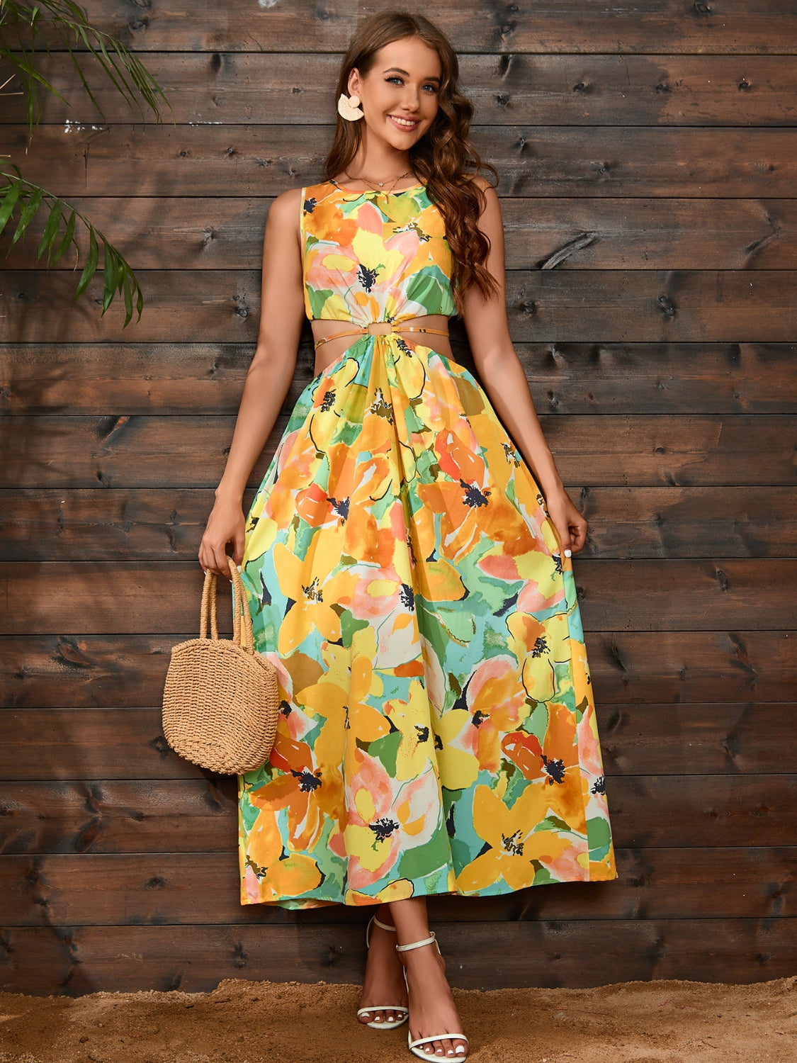 Cutout Floral Round Neck Sleeveless Dress - The Boutie Shop