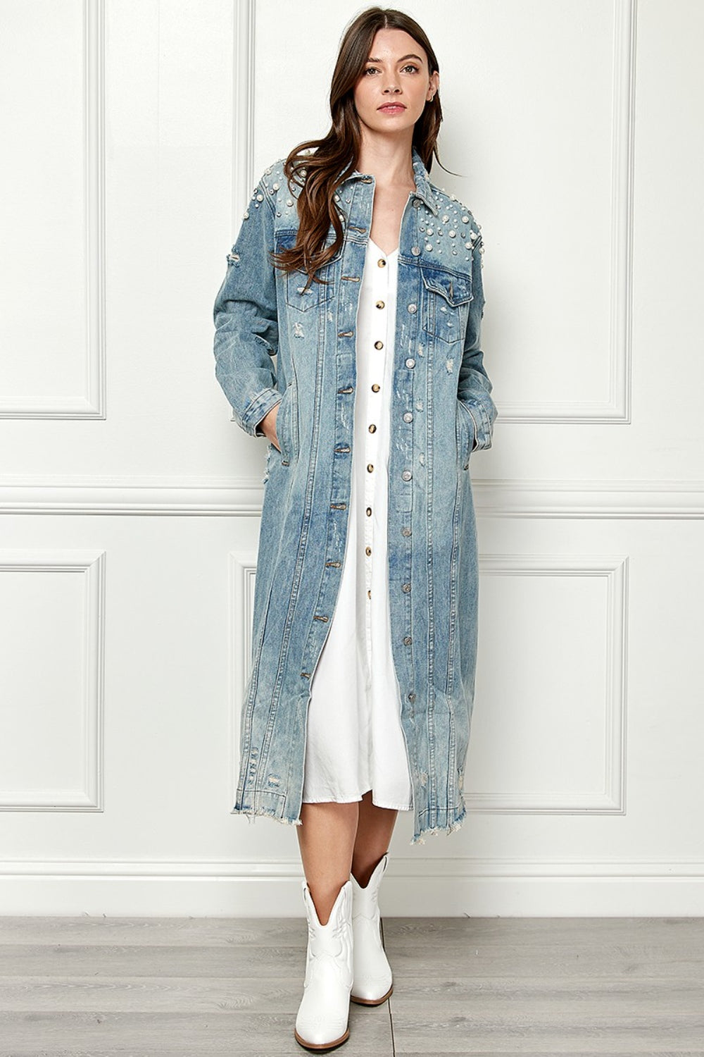 Veveret Full Size Distressed Raw Hem Pearl Detail Button Up Jacket - The Boutie Shop