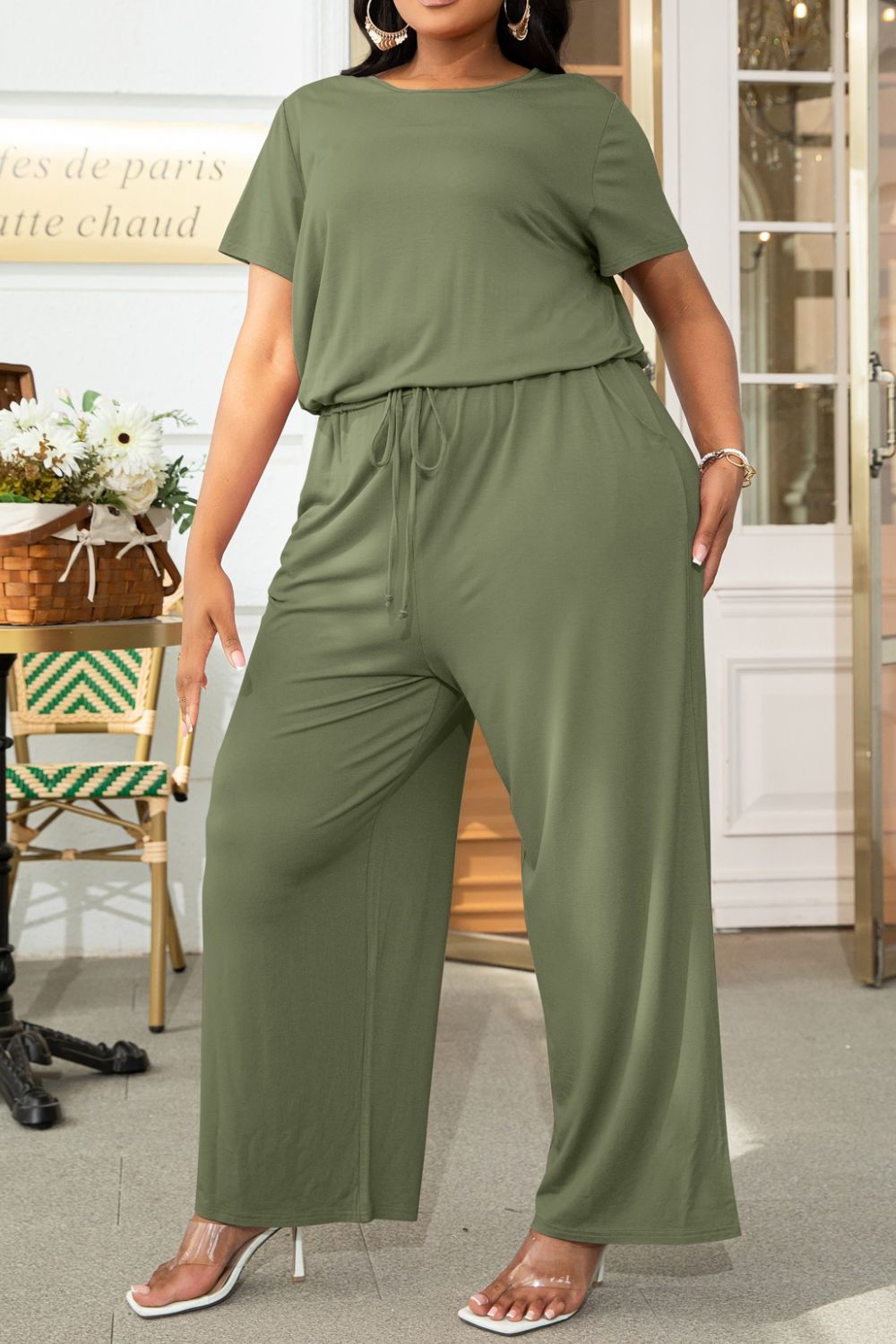 Plus Size Drawstring Waist Short Sleeve Jumpsuit - The Boutie Shop