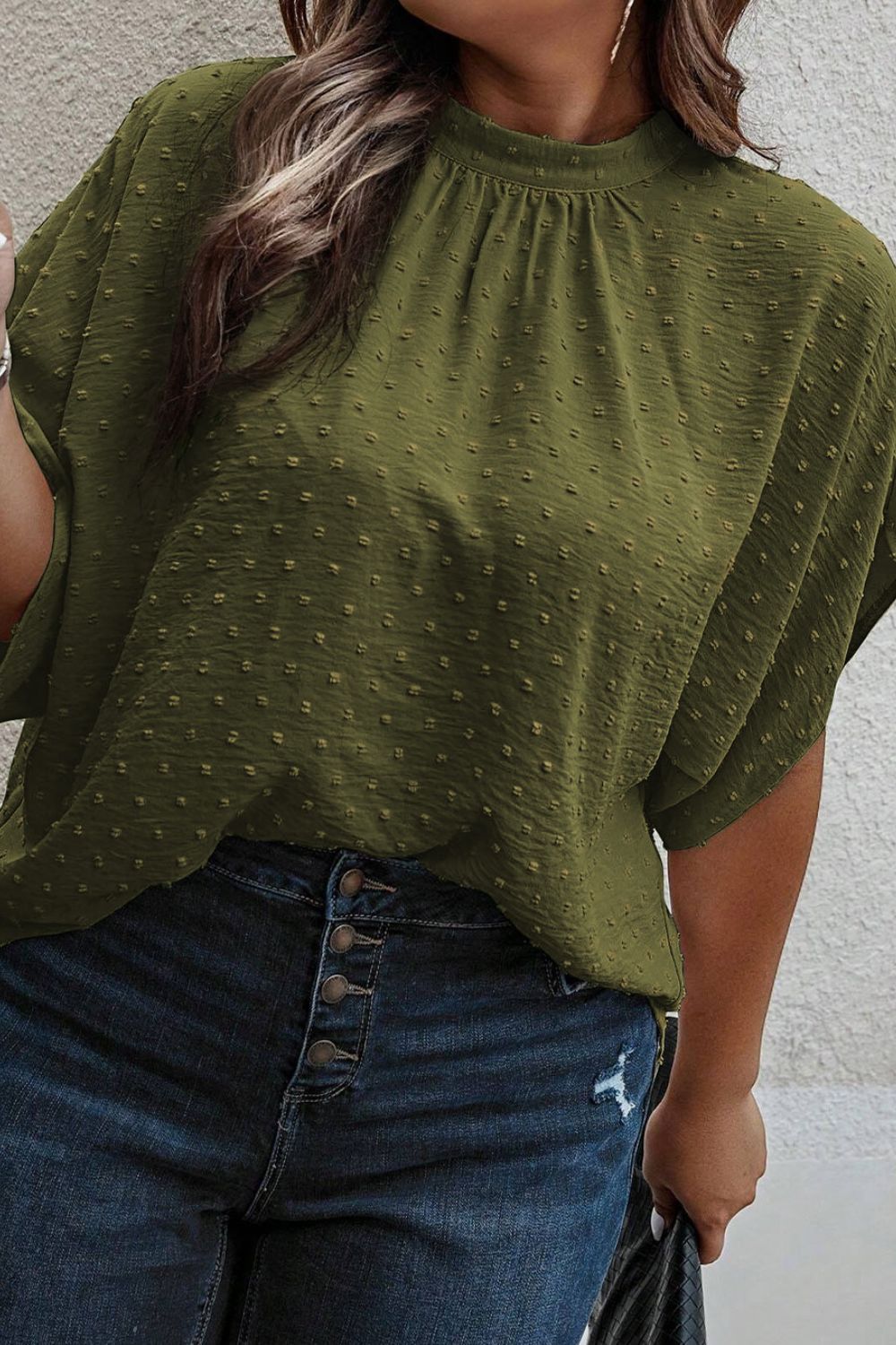 Plus Size Swiss Dot Tied Mock Neck Blouse - The Boutie Shop