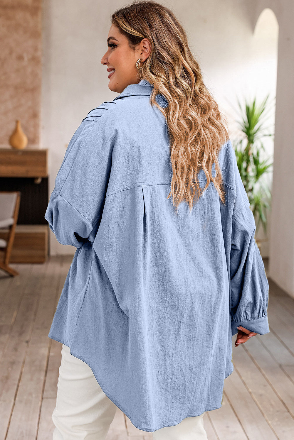 Plus Size High-Low Button Up Dropped Shoulder Shirt - The Boutie Shop