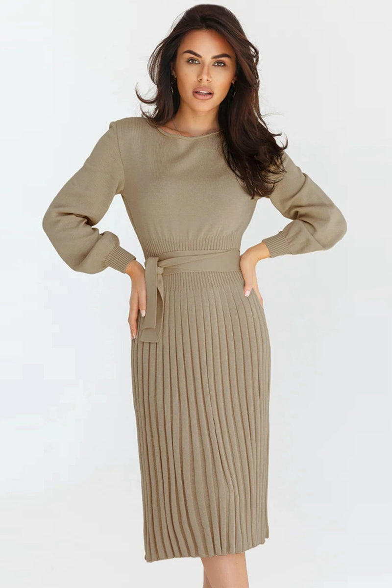 Round Neck Long Sleeve Pleated Sweater Dress - The Boutie Shop