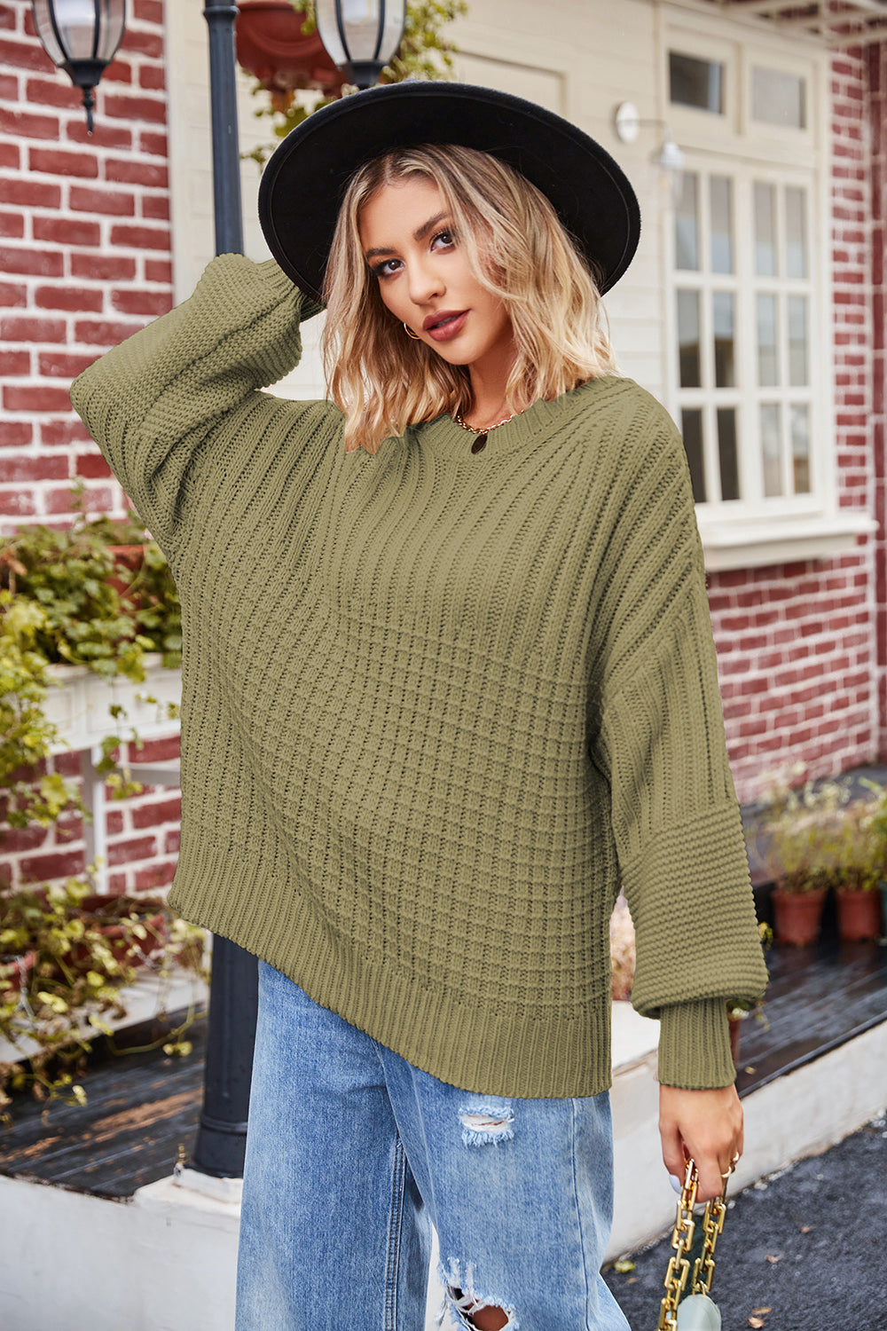 Ribbed Drop Shoulder Lantern Sleeve Sweater - The Boutie Shop