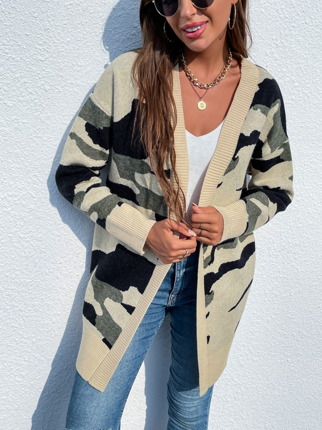 Camouflaged Dropped Shoulder Open Front Cardigan - The Boutie Shop