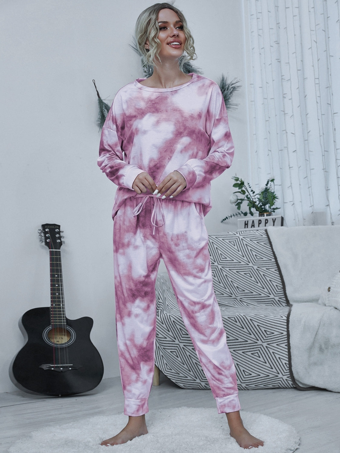 Shiny Tie-dye Round Neck Top and Drawstring Pants Lounge Set - The Boutie Shop