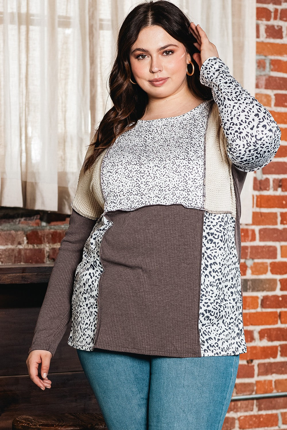 Plus Size Leopard Round Neck Sweatshirt - The Boutie Shop