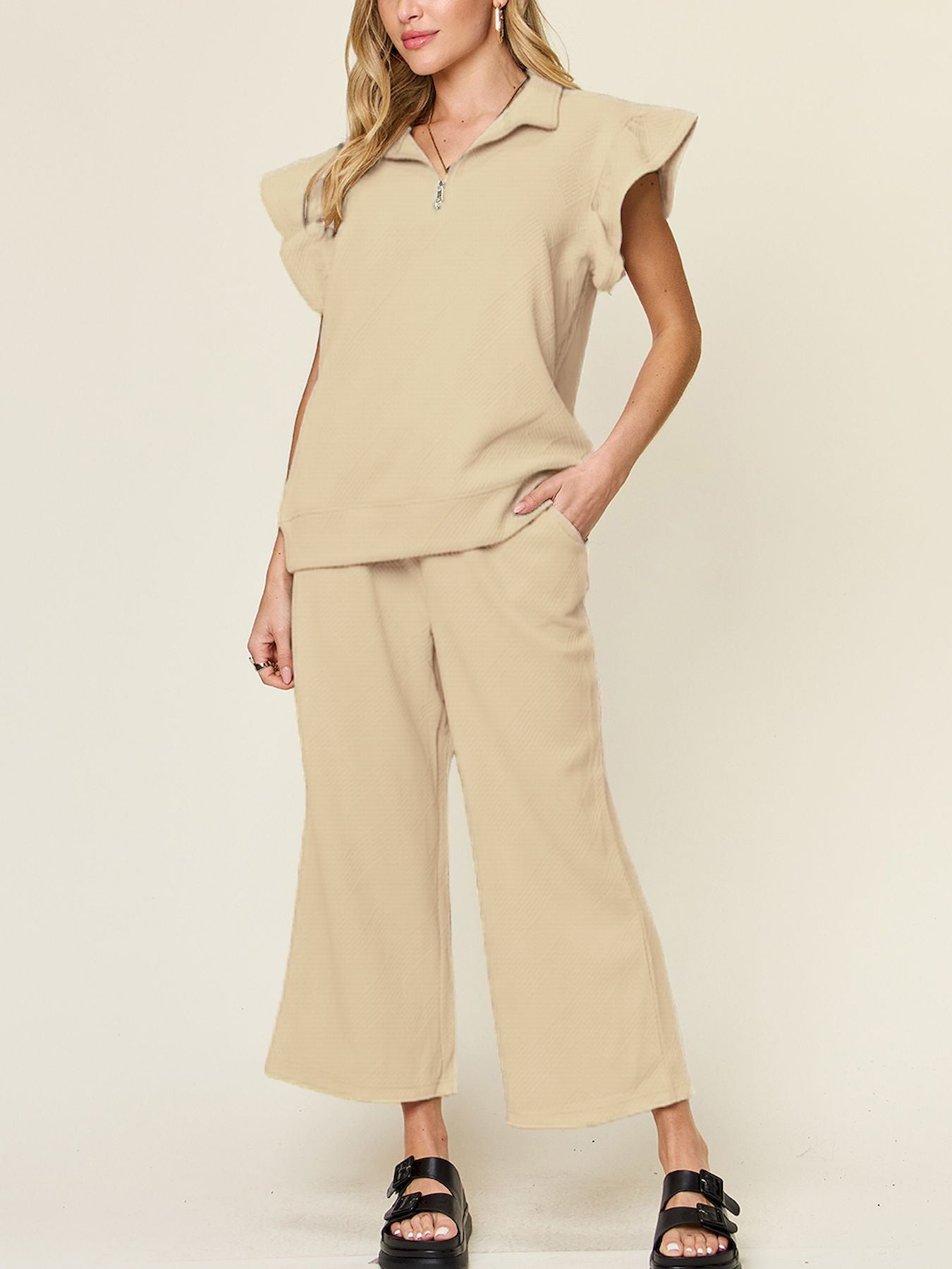 Double Take Texture Ruffle Short Sleeve Top and Drawstring Wide Leg Pants Set - The Boutie Shop