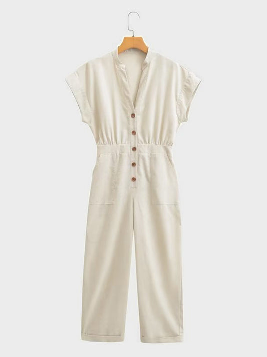 Notched Short Sleeve Jumpsuit with Pockets - The Boutie Shop