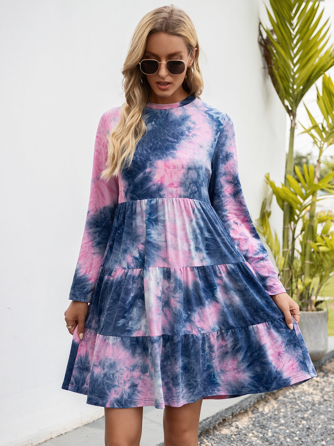 Ivy Lane Tie-Dye Round Neck Long Sleeve Tiered Dress - The Boutie Shop