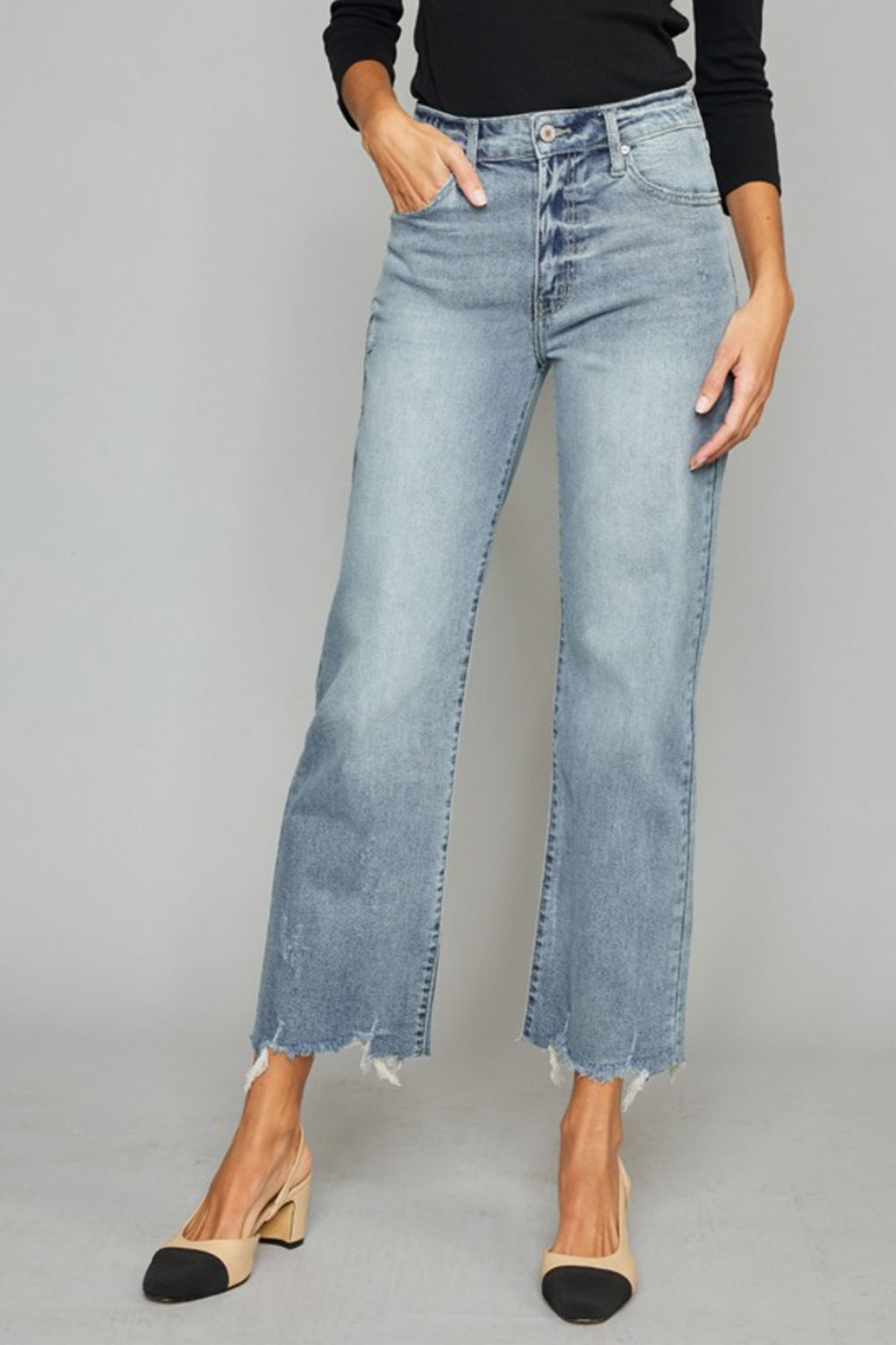 Kancan High Waist Raw Hem Cropped Wide Leg Jeans - The Boutie Shop