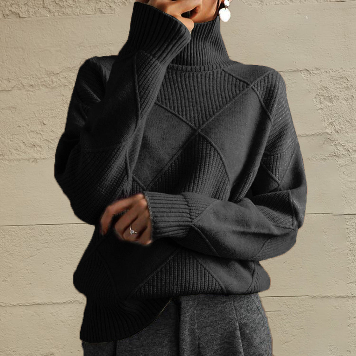 Geometric Turtleneck Long Sleeve Sweater - The Boutie Shop