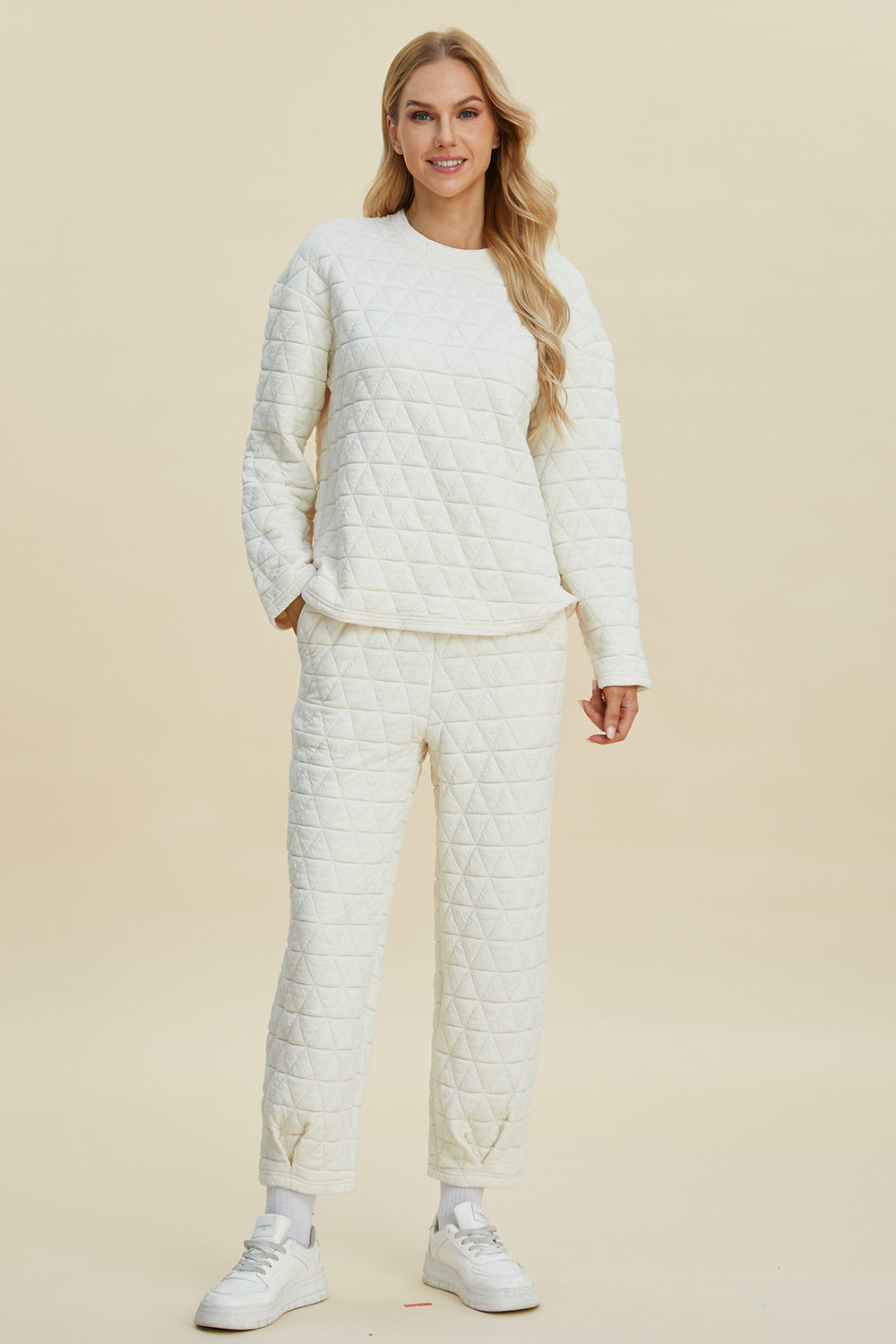 Double Take Full Size Texture Round Neck Long Sleeve Top and Pants Set - The Boutie Shop