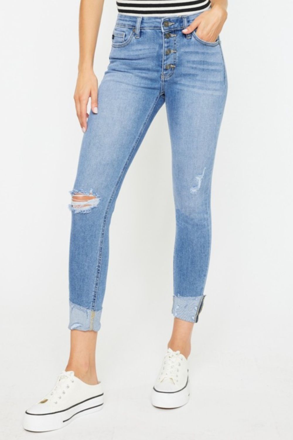 Kancan Distressed Cat's Whiskers Button Fly Jeans - The Boutie Shop