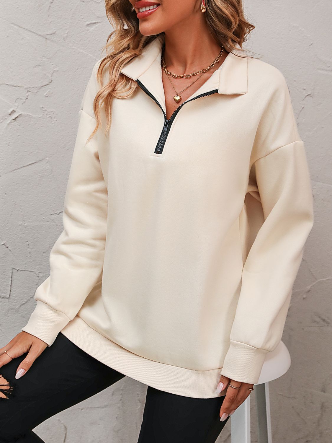 Mandy Zip-Up Dropped Shoulder Sweatshirt - The Boutie Shop