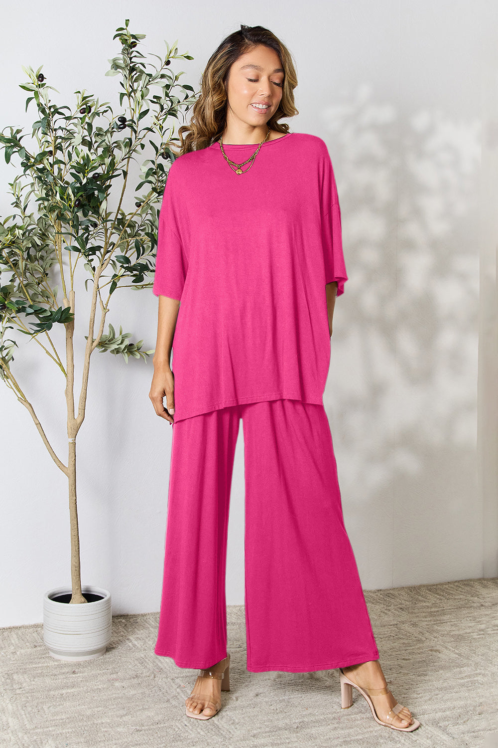 Double Take Full Size Round Neck Slit Top and Pants Set - The Boutie Shop