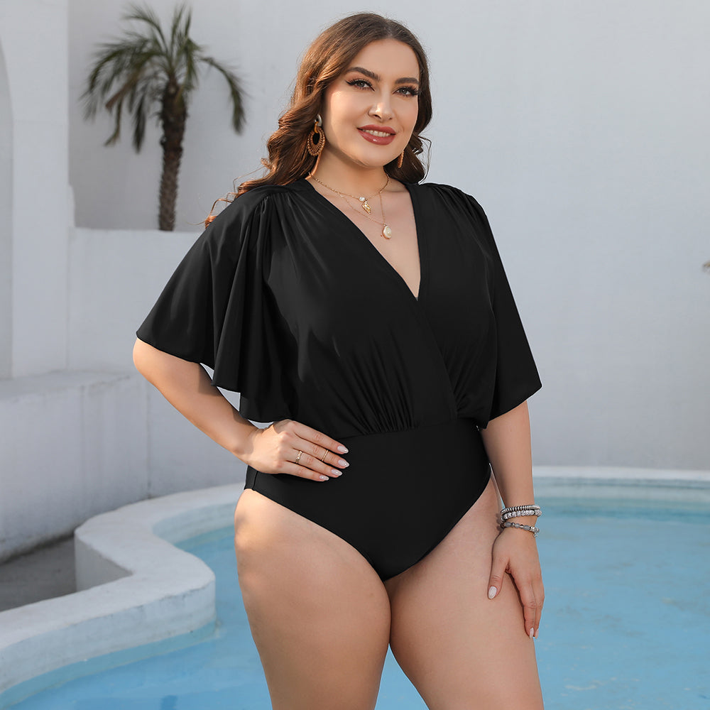 Plus Size Ruched Surplice Neck One-Piece Swimsuit - The Boutie Shop