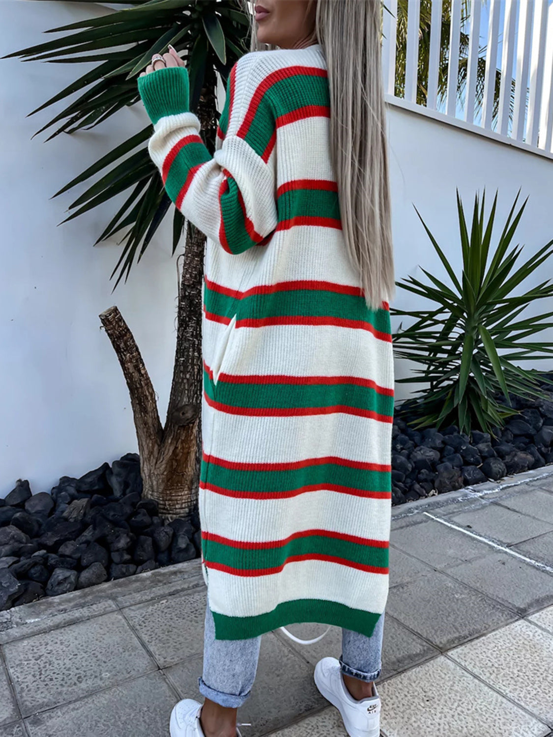 Striped Open Front Longline Cardigan - The Boutie Shop
