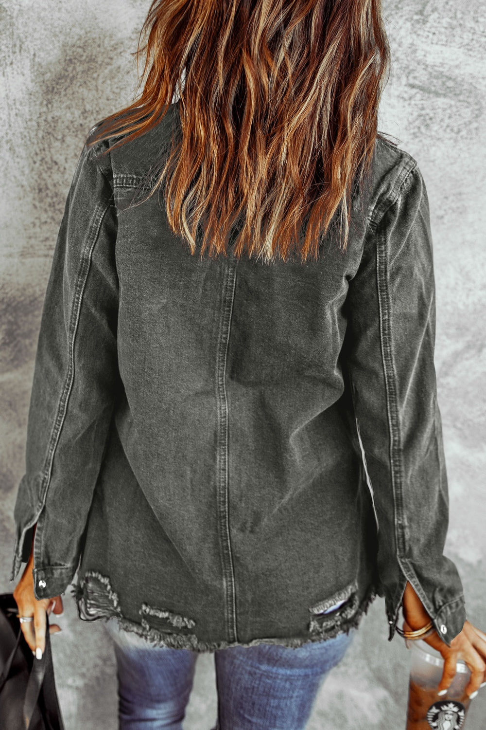 Distressed Raw Hem Snap Down Denim Jacket - The Boutie Shop