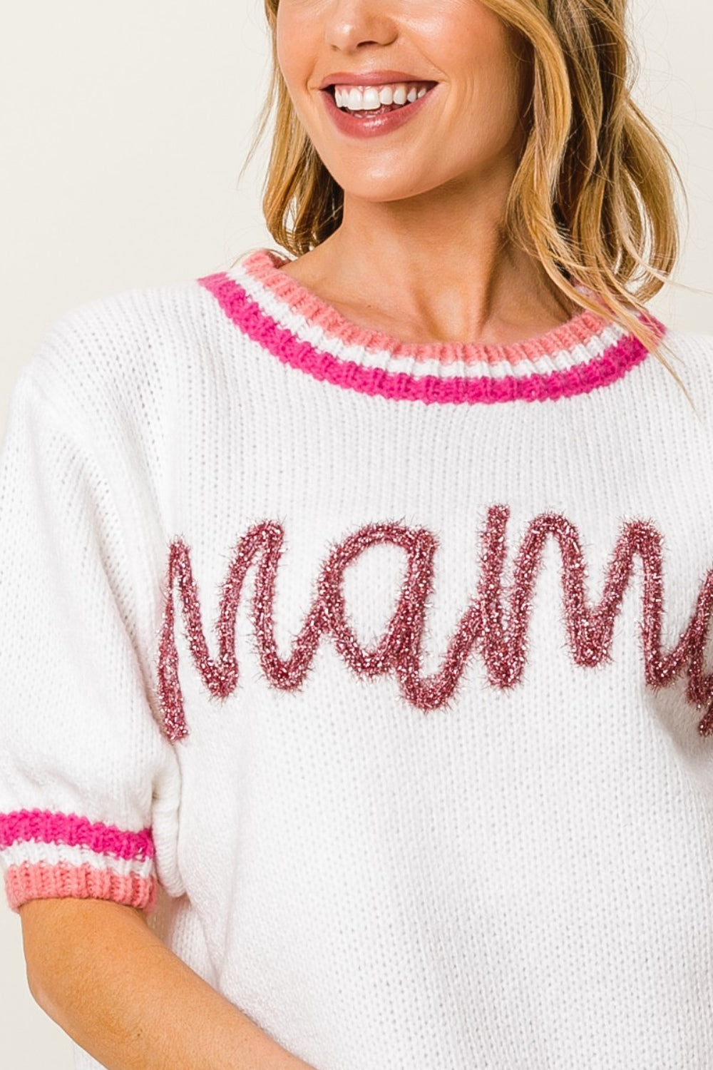 BiBi MAMA Contrast Trim Short Sleeve Sweater - The Boutie Shop