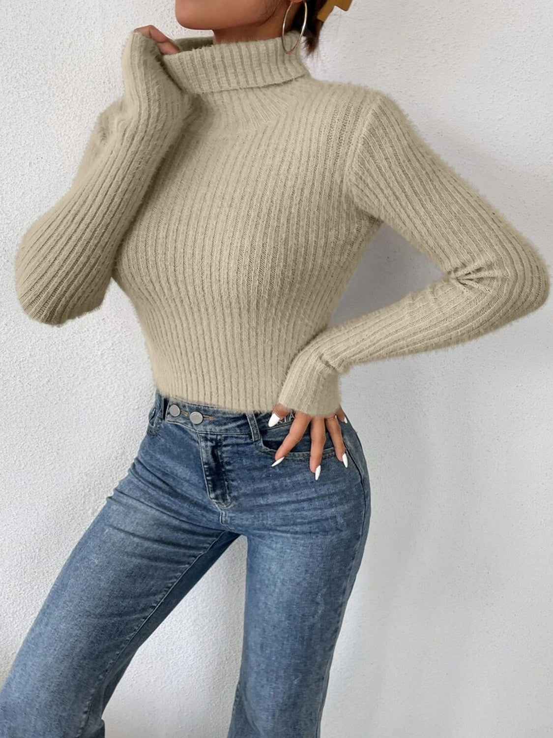 Ribbed Turtleneck Long Sleeve Sweater - The Boutie Shop