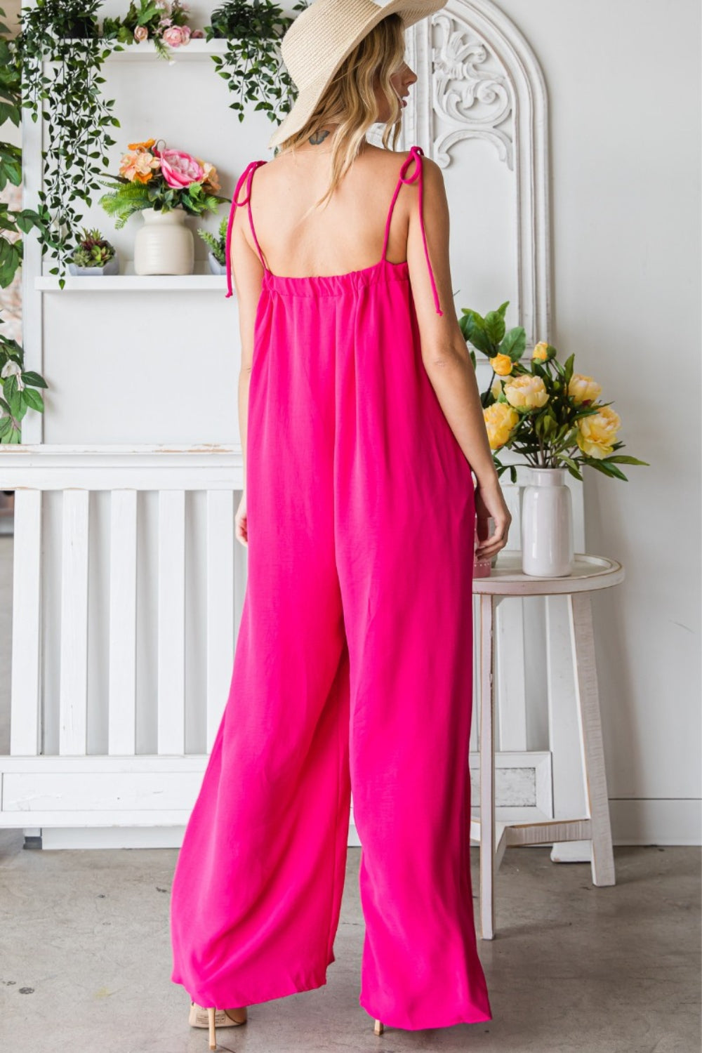 Veveret Pocketed Spaghetti Strap Wide Leg Jumpsuit - The Boutie Shop